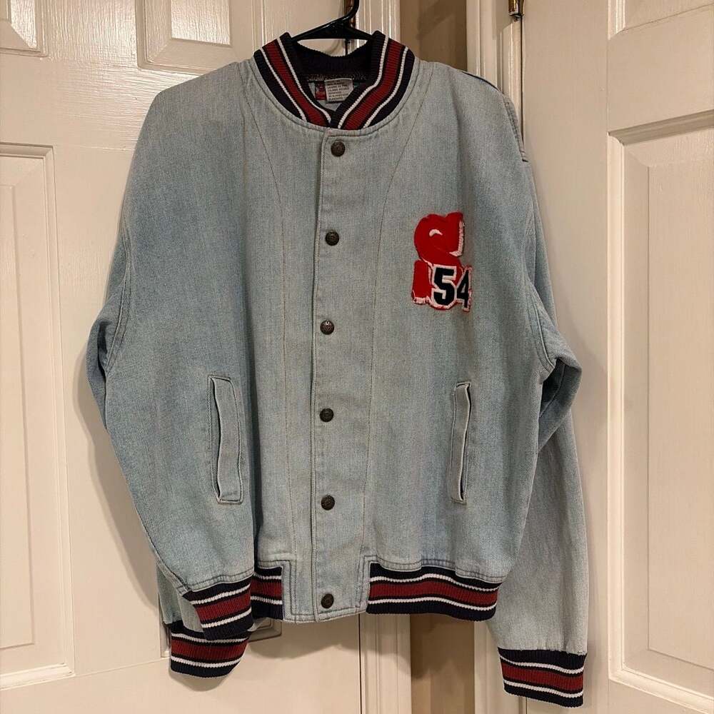 Vintage Saxon Club Embroidered Denim Varsity Jacket - Picture 1 of 8